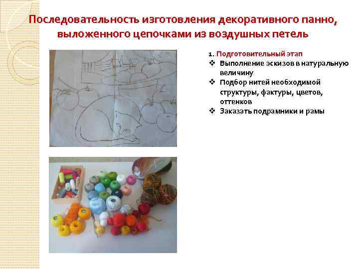 Последовательность изготовления декоративного панно, выложенного цепочками из воздушных петель 1. Подготовительный этап v Выполнение
