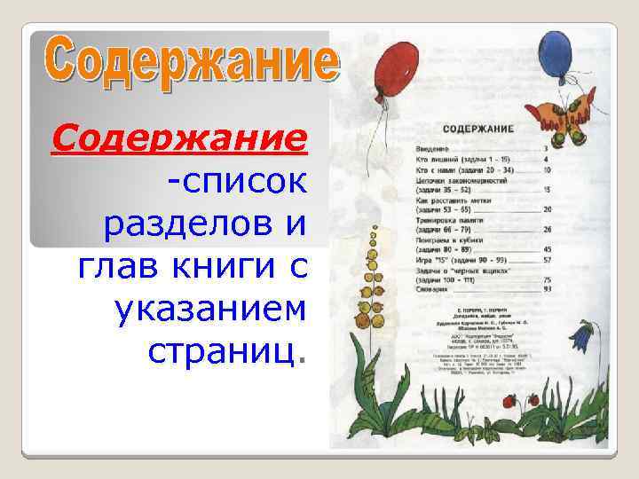 Содержание -список разделов и глав книги с указанием страниц. 