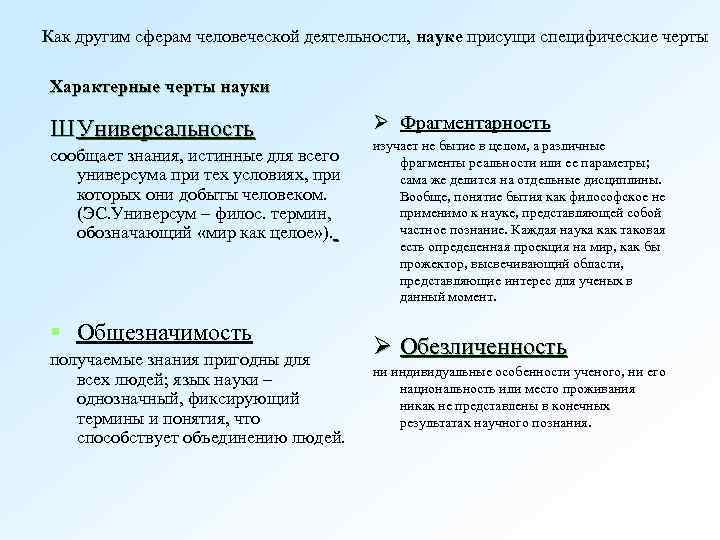 Как другим сферам человеческой деятельности, науке присущи специфические черты Характерные черты науки Ш Универсальность