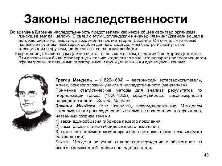 Законы наследственности Во времена Дарвина наследственность представляли как некое общее свойство организма, присущее ему