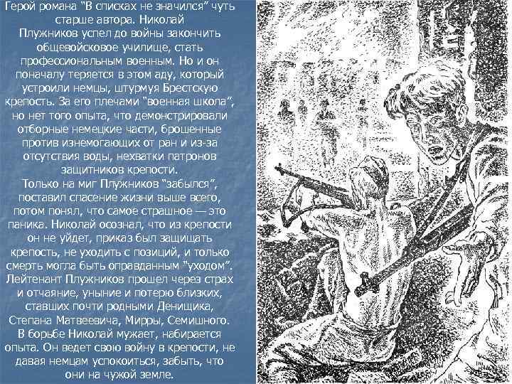 Герой романа “В списках не значился” чуть старше автора. Николай Плужников успел до войны