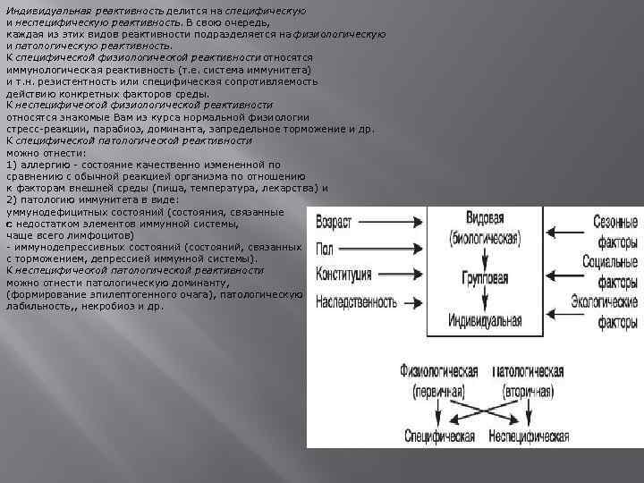 Индивидуальная реактивность делится на специфическую и неспецифическую реактивность. В свою очередь, каждая из этих