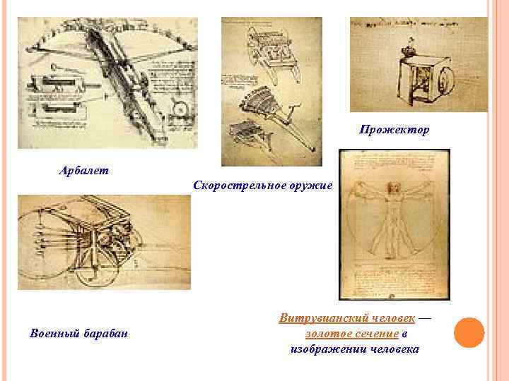 Прожектор Арбалет Скорострельное оружие Военный барабан Витрувианский человек — золотое сечение в изображении человека