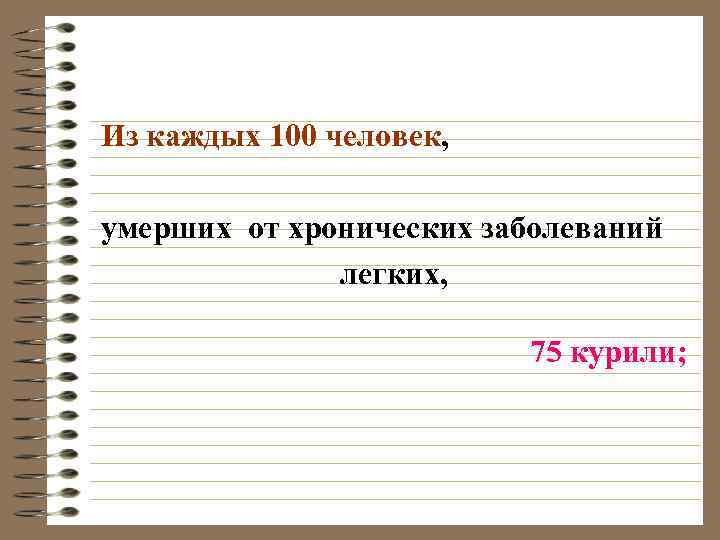 Из каждых 100 человек, умерших от хронических заболеваний легких, 75 курили; 
