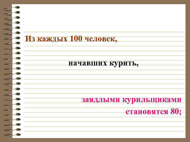 Из каждых 100 человек, начавших курить, заядлыми курильщиками становятся 80; 