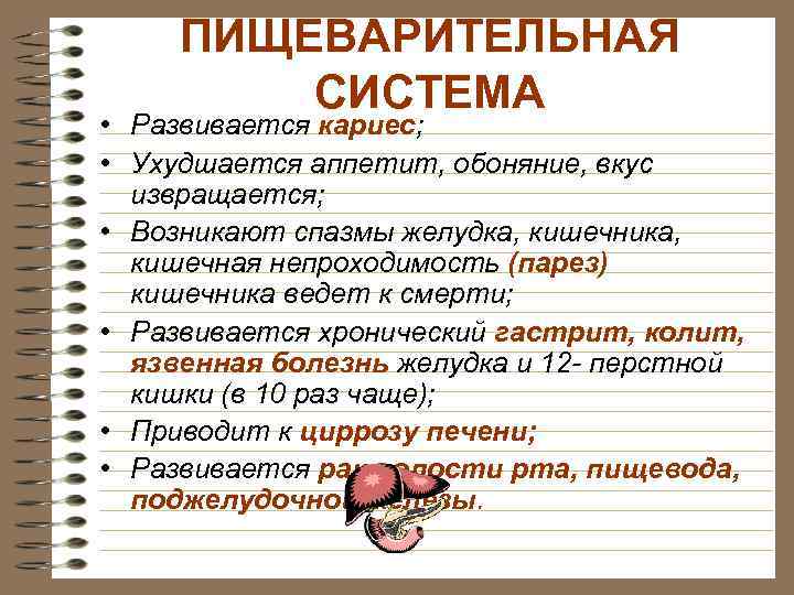 ПИЩЕВАРИТЕЛЬНАЯ СИСТЕМА • Развивается кариес; • Ухудшается аппетит, обоняние, вкус извращается; • Возникают спазмы