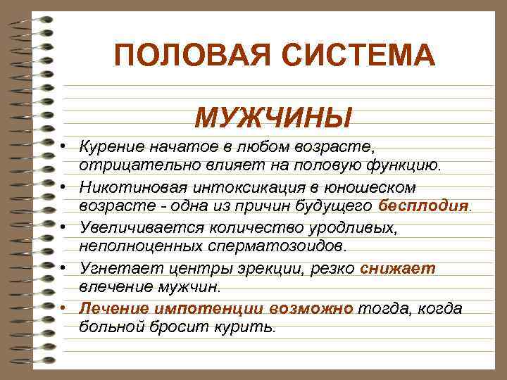 ПОЛОВАЯ СИСТЕМА МУЖЧИНЫ • Курение начатое в любом возрасте, отрицательно влияет на половую функцию.