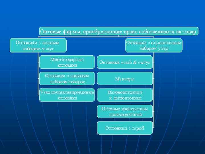 Оптовые фирмы, приобретающие право собственности на товар Оптовики с полным набором услуг Оптовики с