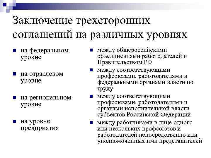 Заключение трехсторонних соглашений на различных уровнях n на федеральном уровне n n на отраслевом