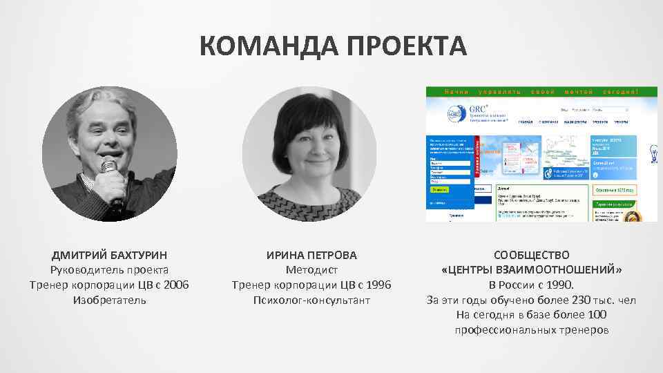 КОМАНДА ПРОЕКТА ДМИТРИЙ БАХТУРИН Руководитель проекта Тренер корпорации ЦВ с 2006 Изобретатель ИРИНА ПЕТРОВА