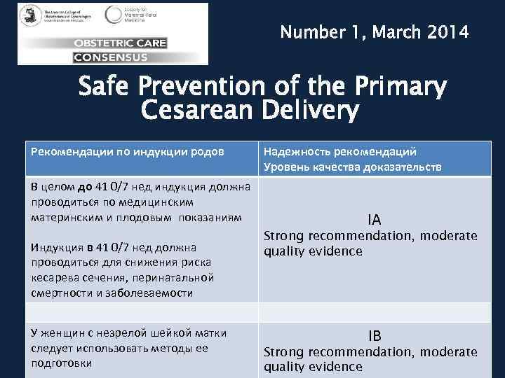 Number 1, March 2014 Safe Prevention of the Primary Cesarean Delivery Рекомендации по индукции