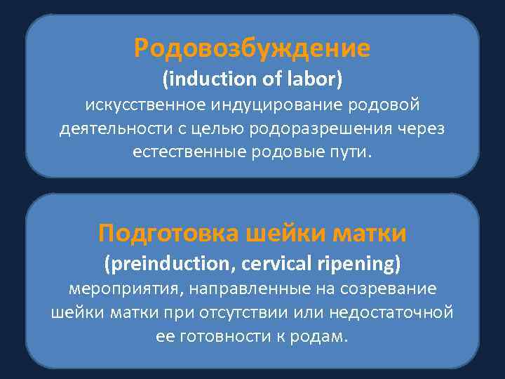 Родовозбуждение (induction of labor) искусственное индуцирование родовой деятельности с целью родоразрешения через естественные родовые