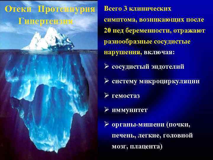 Отеки Протеинурия Гипертензия Всего 3 клинических симптома, возникающих после 20 нед беременности, отражают разнообразные