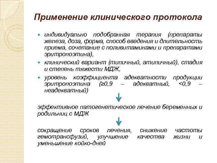 Применение клинического протокола индивидуально подобранная терапия (препараты железа, доза, форма, способ введения и длительность