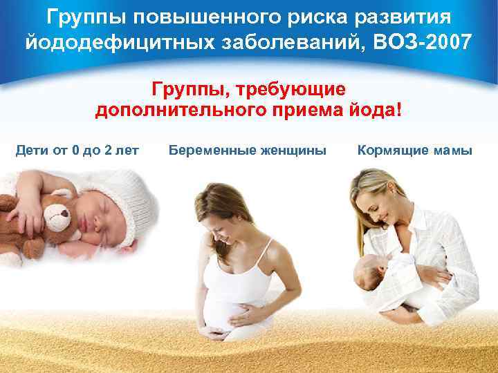 Группы повышенного риска развития йододефицитных заболеваний, ВОЗ-2007 Группы, требующие дополнительного приема йода! Дети от