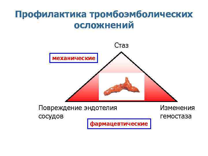 Профилактика тромбоэмболических осложнений Стаз механические Повреждение эндотелия сосудов фармацевтические Изменения гемостаза 