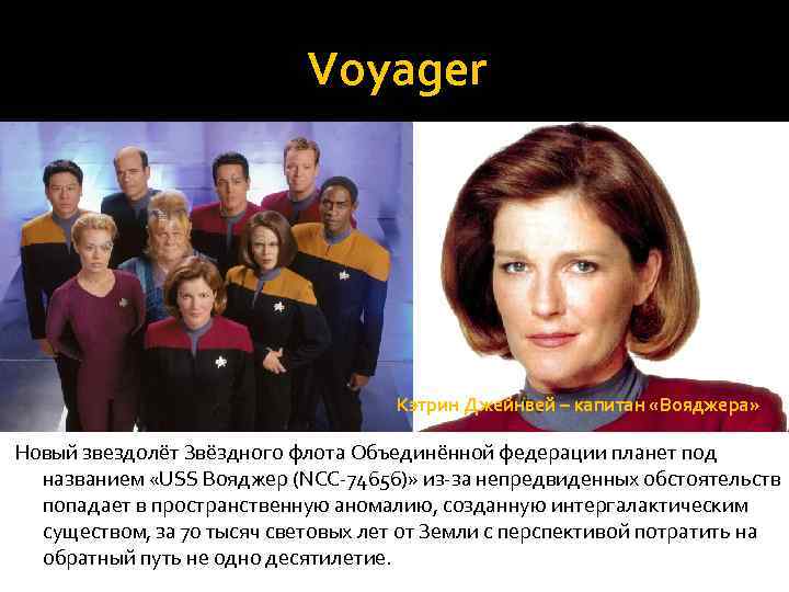 Voyager Кэтрин Джейнвей – капитан «Вояджера» Новый звездолёт Звёздного флота Объединённой федерации планет под