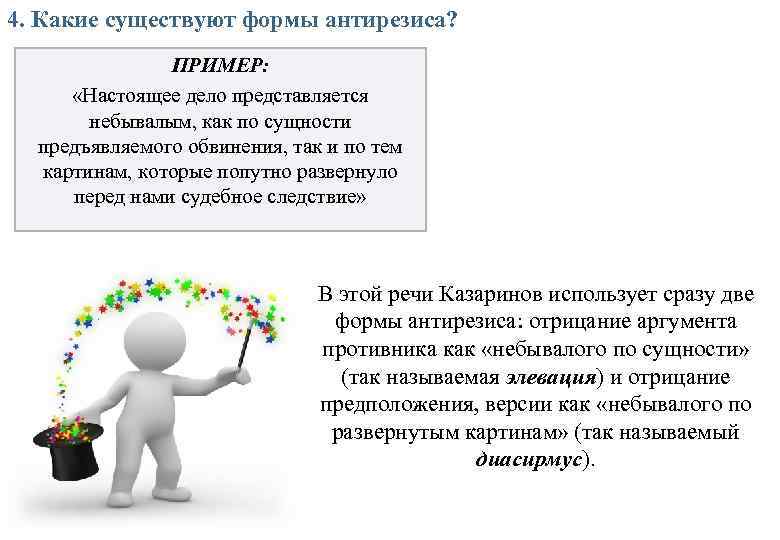 4. Какие существуют формы антирезиса? ПРИМЕР: «Настоящее дело представляется небывалым, как по сущности предъявляемого