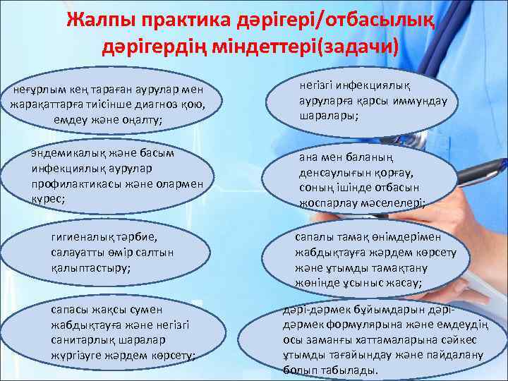 Жалпы практика дәрiгерi/отбасылық дәрiгердiң мiндеттерi(задачи) неғұрлым кең тараған аурулар мен жарақаттарға тиiсiнше диагноз қою,