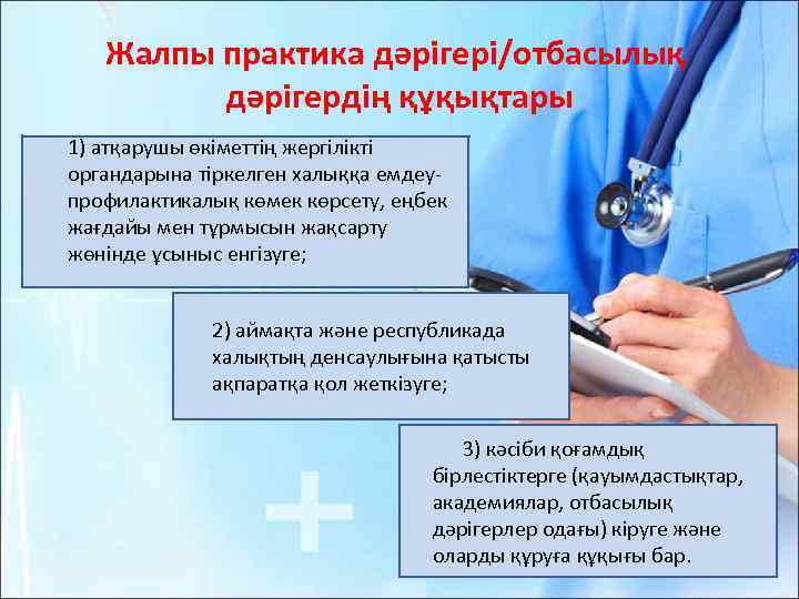 Жалпы практика дәрiгерi/отбасылық дәрiгердiң құқықтары 1) атқарушы өкiметтiң жергiлiктi органдарына тiркелген халыққа емдеупрофилактикалық көмек