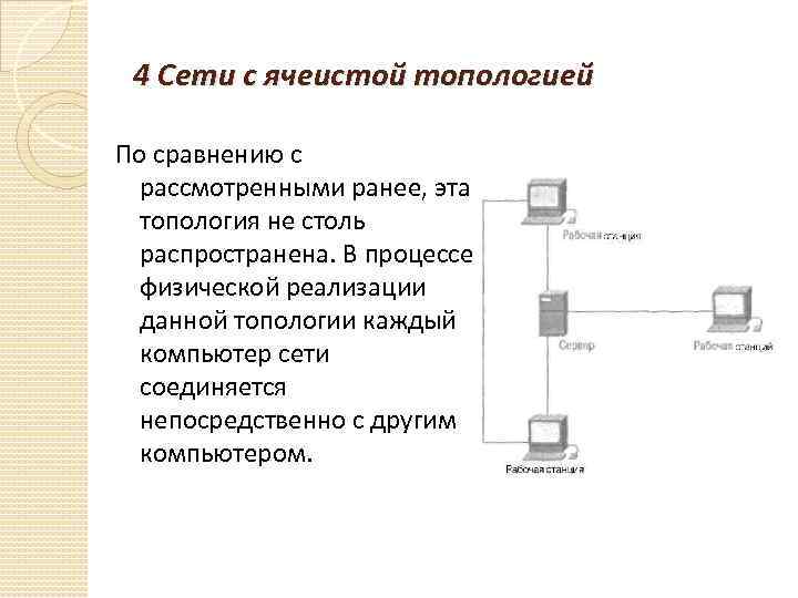 4 Сети с ячеистой топологией По сравнению с рассмотренными ранее, эта топология не столь