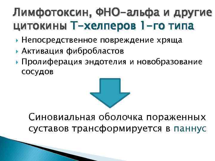 Лимфотоксин, ФНО-альфа и другие цитокины Т-хелперов 1 -го типа Непосредственное повреждение хряща Активация фибробластов