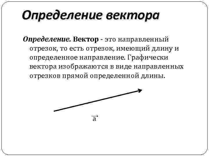 Определение вектора Определение. Вектор - это направленный отрезок, то есть отрезок, имеющий длину и