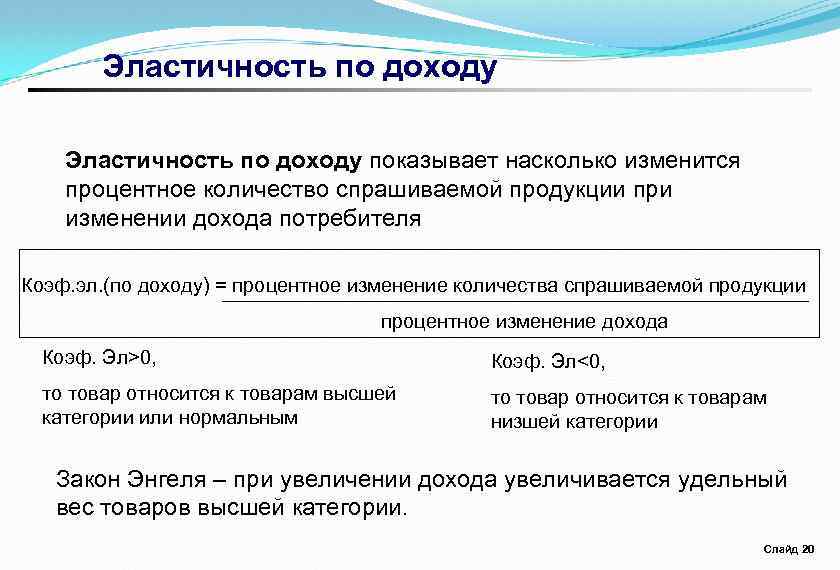 Эластичность по доходу показывает насколько изменится процентное количество спрашиваемой продукции при изменении дохода потребителя