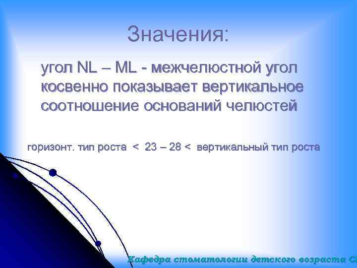 Значения: угол NL – ML - межчелюстной угол косвенно показывает вертикальное соотношение оснований челюстей