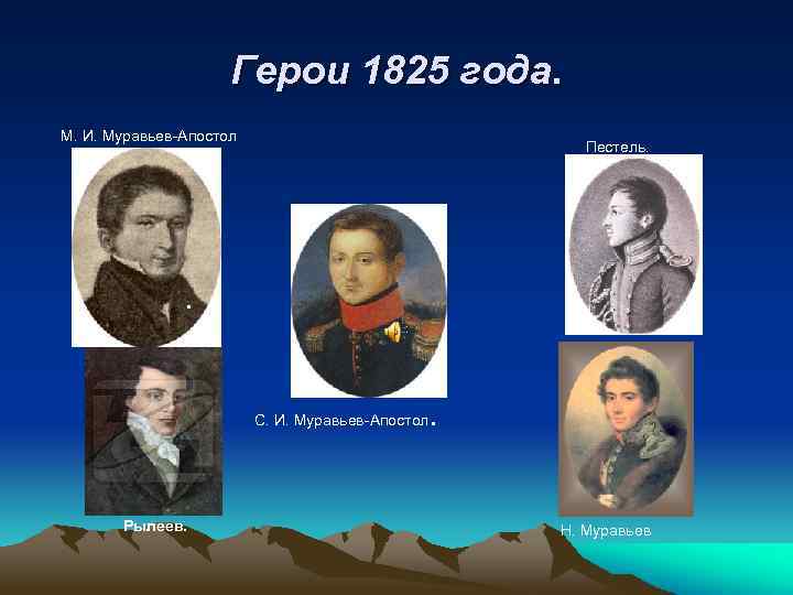 Герои 1825 года. М. И. Муравьев-Апостол Пестель. . С. И. Муравьев-Апостол . . Рылеев.