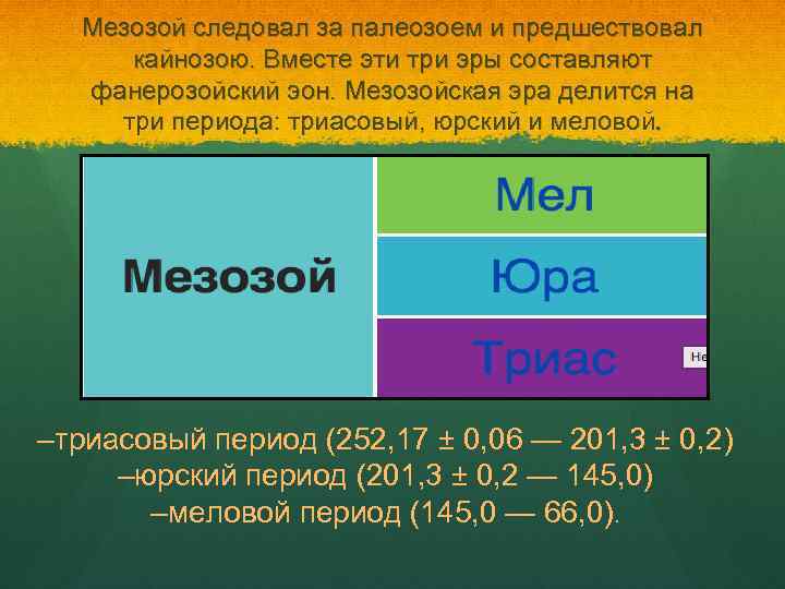 Мезозой следовал за палеозоем и предшествовал кайнозою. Вместе эти три эры составляют фанерозойский эон.