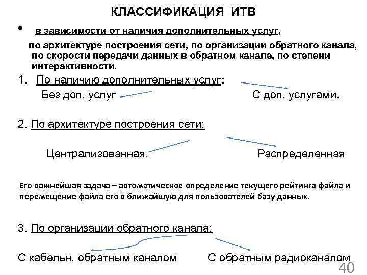 КЛАССИФИКАЦИЯ ИТВ • в зависимости от наличия дополнительных услуг, по архитектуре построения сети, по