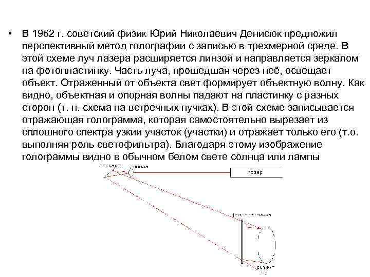  • В 1962 г. советский физик Юрий Николаевич Денисюк предложил перспективный метод голографии
