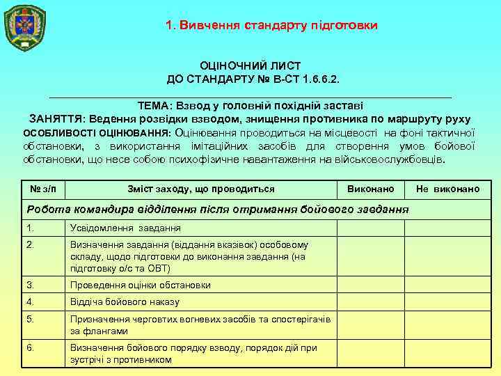 1. Вивчення стандарту підготовки ОЦІНОЧНИЙ ЛИСТ ДО СТАНДАРТУ № В-СТ 1. 6. 6. 2.