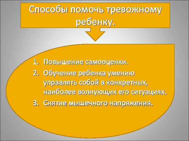 Способы помочь тревожному ребенку. 1. Повышение самооценки. 2. Обучение ребенка умению управлять собой в