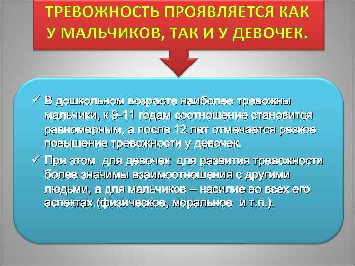 ТРЕВОЖНОСТЬ ПРОЯВЛЯЕТСЯ КАК У МАЛЬЧИКОВ, ТАК И У ДЕВОЧЕК. ü В дошкольном возрасте наиболее