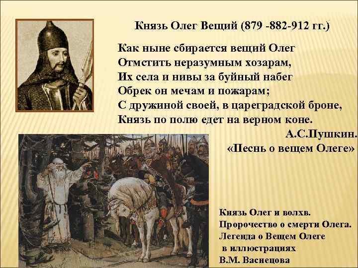 Князь Олег Вещий (879 -882 -912 гг. ) Как ныне сбирается вещий Олег Отмстить