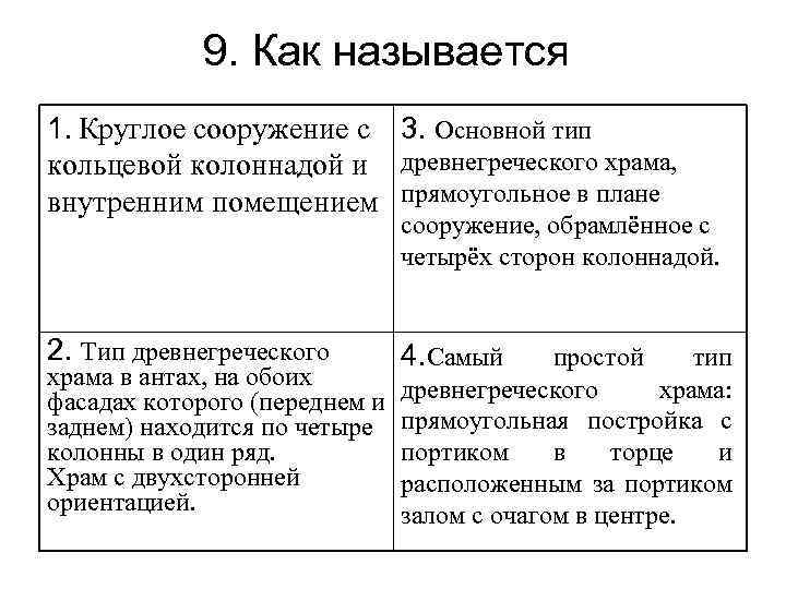 9. Как называется 1. Круглое сооружение с 3. Основной тип кольцевой колоннадой и древнегреческого