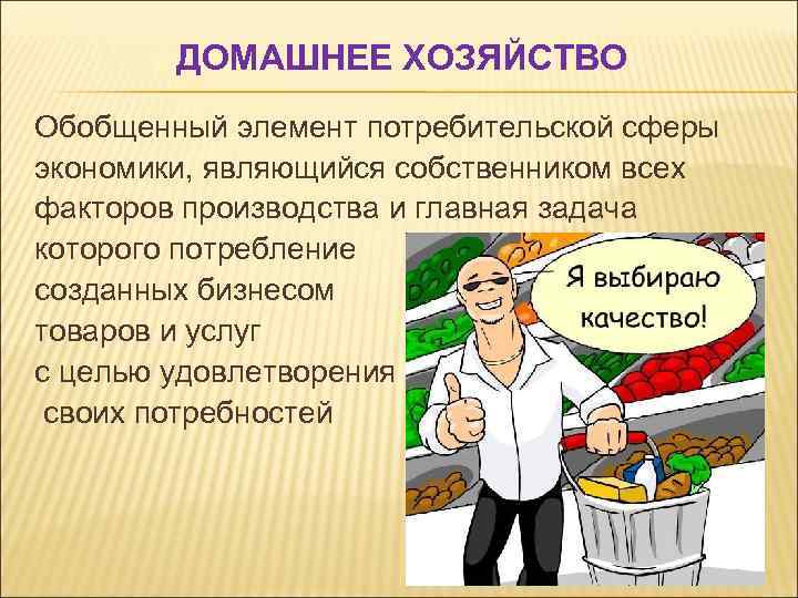 ДОМАШНЕЕ ХОЗЯЙСТВО Обобщенный элемент потребительской сферы экономики, являющийся собственником всех факторов производства и главная