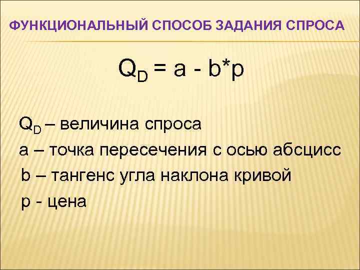 ФУНКЦИОНАЛЬНЫЙ СПОСОБ ЗАДАНИЯ СПРОСА QD = а - b*p QD – величина спроса а