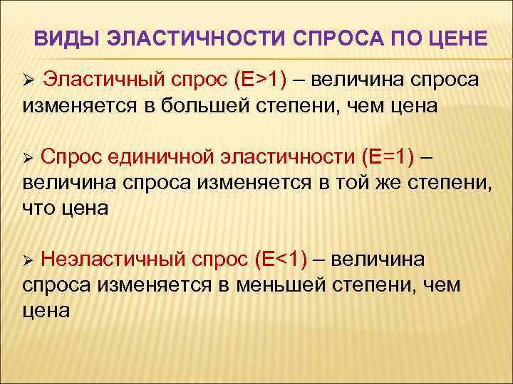 ВИДЫ ЭЛАСТИЧНОСТИ СПРОСА ПО ЦЕНЕ Ø Эластичный спрос (Е>1) – величина спроса изменяется в