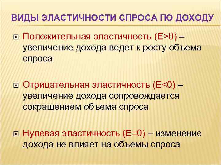 ВИДЫ ЭЛАСТИЧНОСТИ СПРОСА ПО ДОХОДУ Положительная эластичность (Е>0) – увеличение дохода ведет к росту