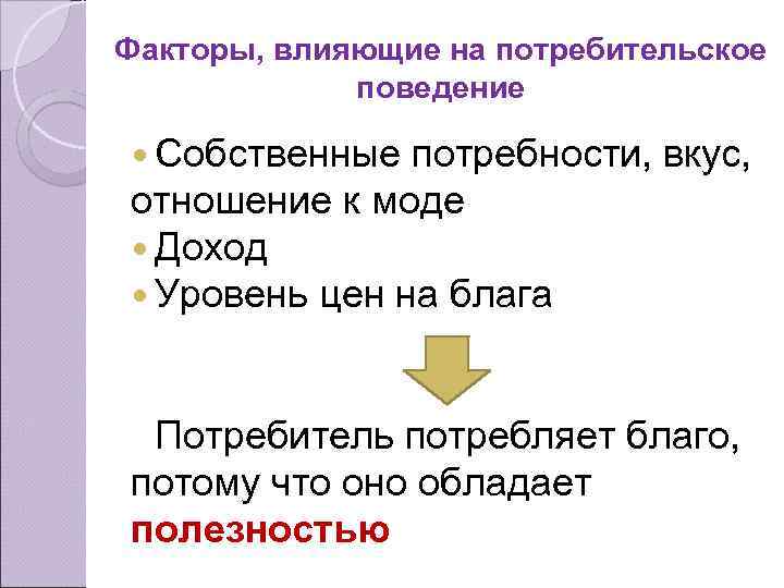 Факторы, влияющие на потребительское поведение Собственные потребности, вкус, отношение к моде Доход Уровень цен