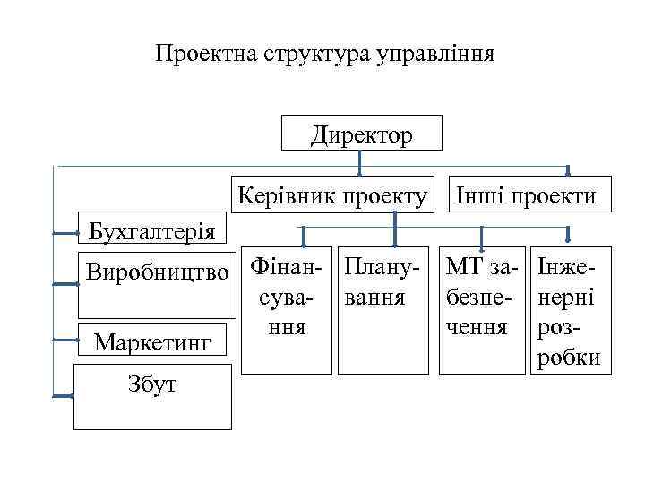 Проектна структура управління Директор Керівник проекту Інші проекти Виробництво Фінан- Планусува- вання Маркетинг МТ