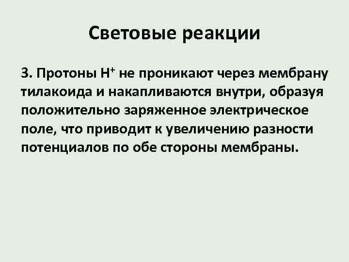 Световые реакции 3. Протоны Н+ не проникают через мембрану тилакоида и накапливаются внутри, образуя