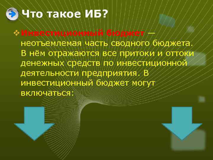 Что такое ИБ? v Инвестиционный бюджет — неотъемлемая часть сводного бюджета. В нём отражаются