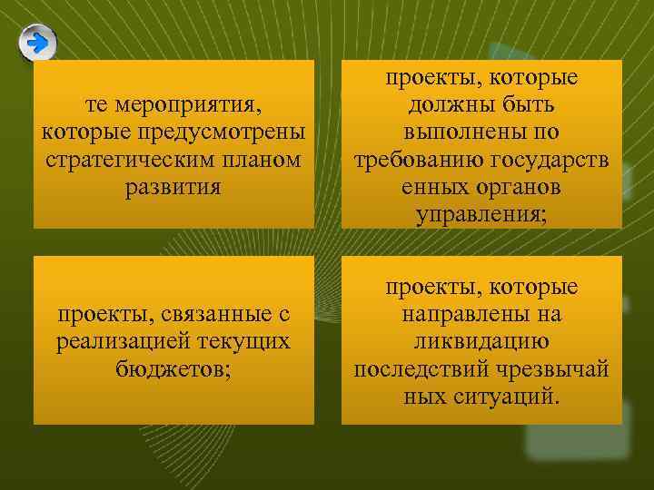 те мероприятия, которые предусмотрены стратегическим планом развития проекты, которые должны быть выполнены по требованию