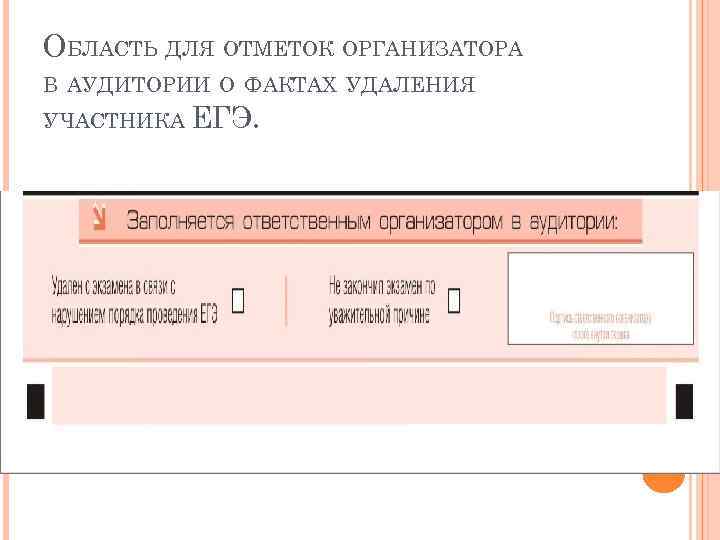 ОБЛАСТЬ ДЛЯ ОТМЕТОК ОРГАНИЗАТОРА В АУДИТОРИИ О ФАКТАХ УДАЛЕНИЯ УЧАСТНИКА ЕГЭ. 