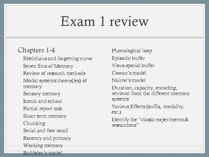 Exam 1 review Chapters 1 -4 Ebbinhaus and forgetting curve Seven Sins of Memory