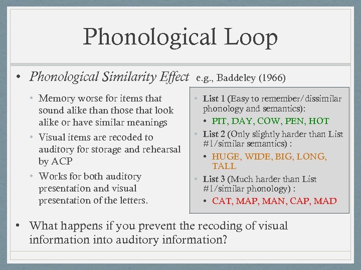 Phonological Loop • Phonological Similarity Effect • Memory worse for items that sound alike